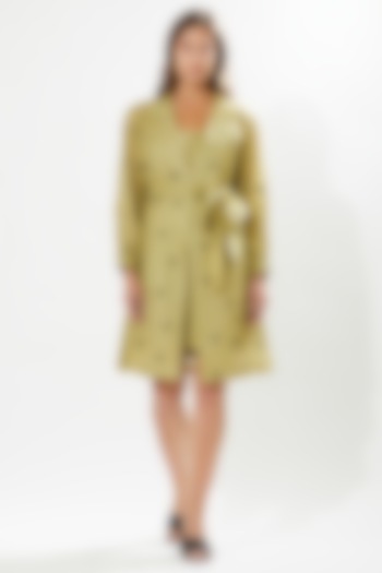 Olive Green Silk Cotton Organza Hand Embroidered Jacket Dress by Meadow at Pernia's Pop Up Shop