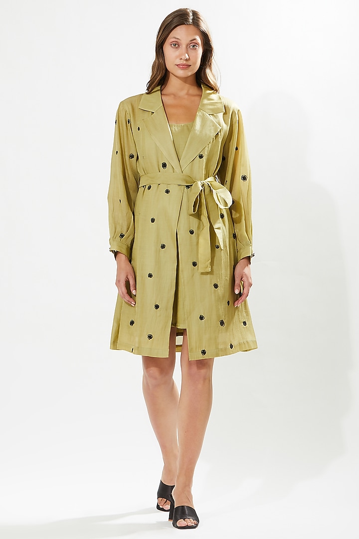 Olive Green Silk Cotton Organza Hand Embroidered Jacket Dress by Meadow at Pernia's Pop Up Shop