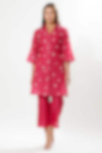 Fuchsia Pink Silk Cotton Organza Hand Embroidered Tunic Set by Meadow at Pernia's Pop Up Shop