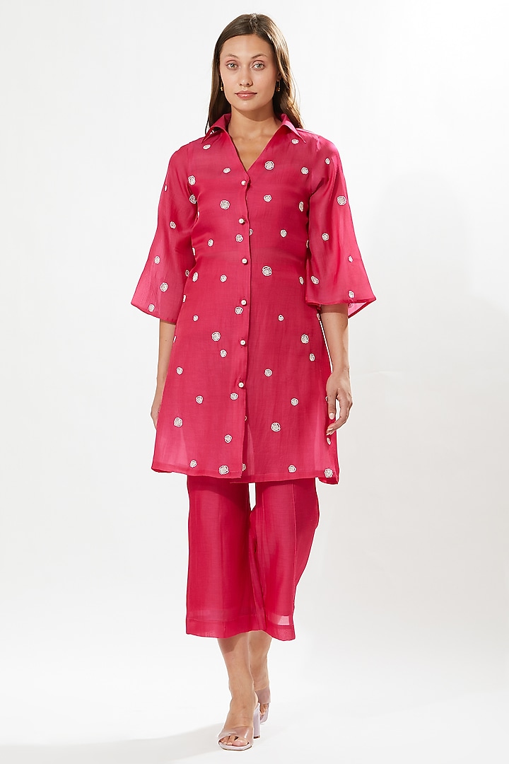 Fuchsia Pink Silk Cotton Organza Hand Embroidered Tunic Set by Meadow at Pernia's Pop Up Shop