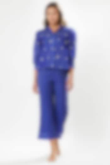 Lapis Blue Silk Cotton Organza Hand Embroidered Co-Ord Set by Meadow at Pernia's Pop Up Shop