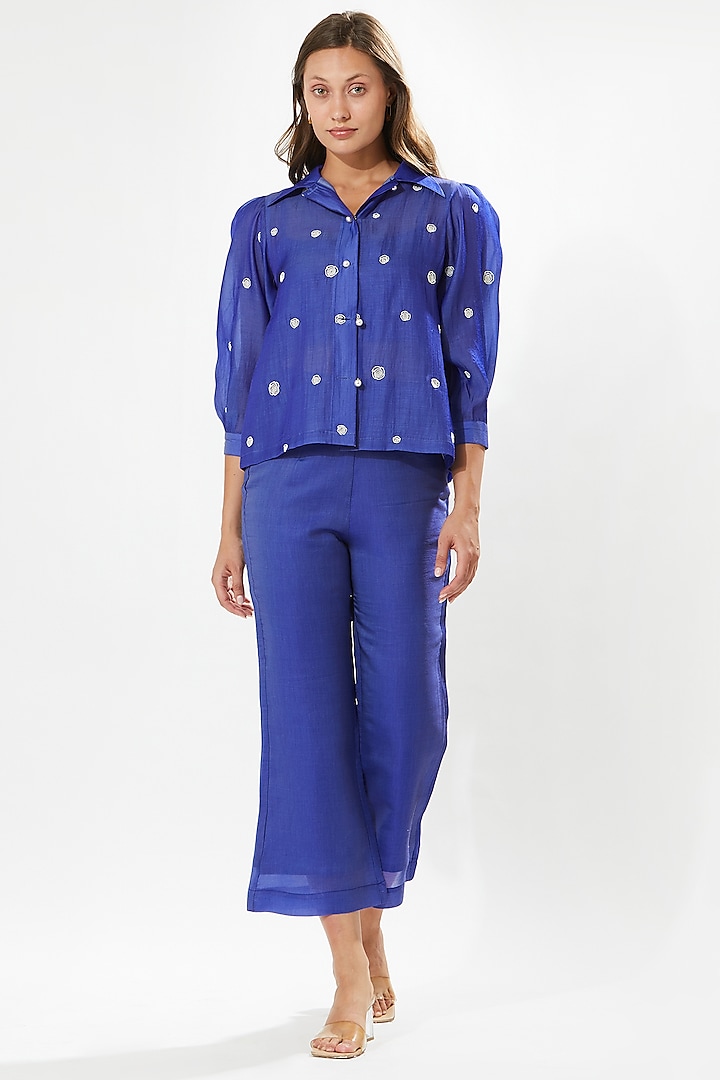 Lapis Blue Silk Cotton Organza Hand Embroidered Co-Ord Set by Meadow at Pernia's Pop Up Shop