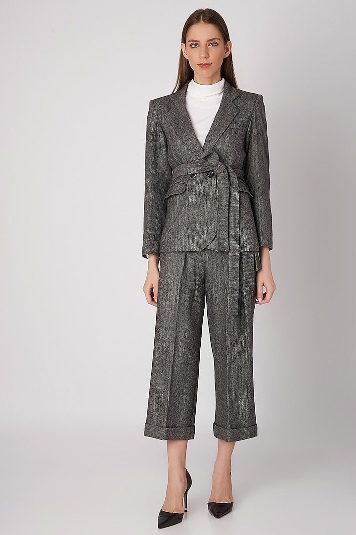 Black Checkered Tweed Jacket With Buckle Belt by Meadow