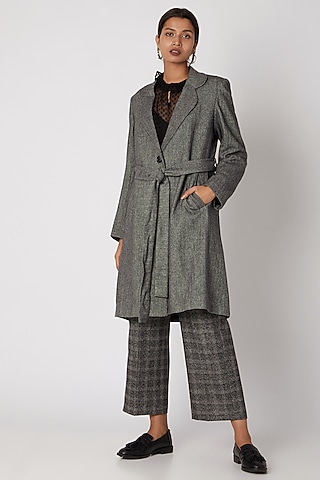 Black Herringbone Wool Tweed Coat by Meadow