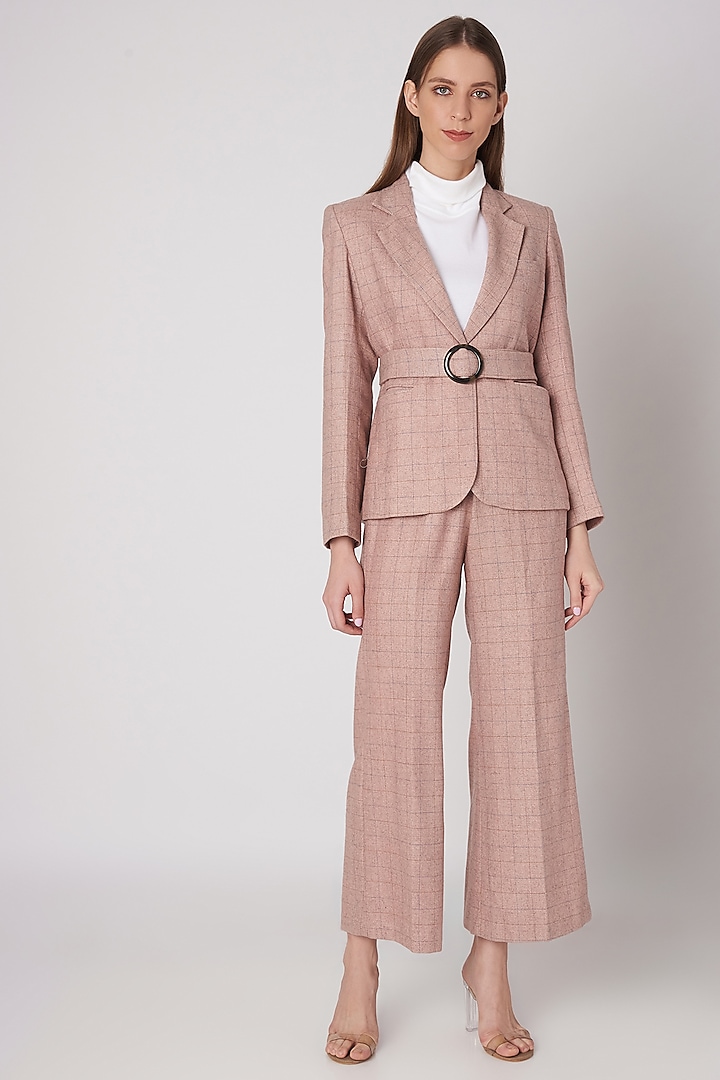 Blush Pink Tweed Jacket With Wooden Buckle Belt by Meadow