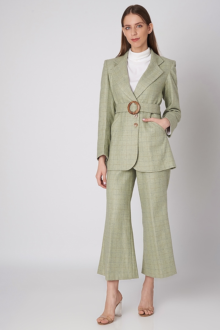 Mint Green Tweed Jacket With Wooden Buckle Belt Design by Meadow at ...