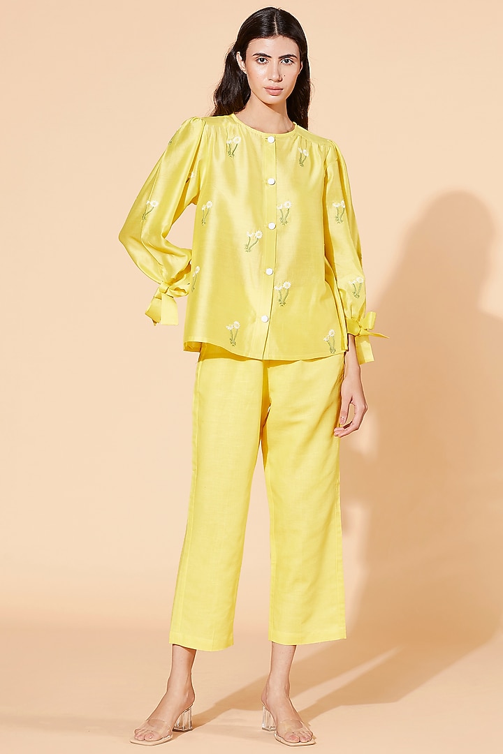 Yellow Embroidered Pant Set by Meadow