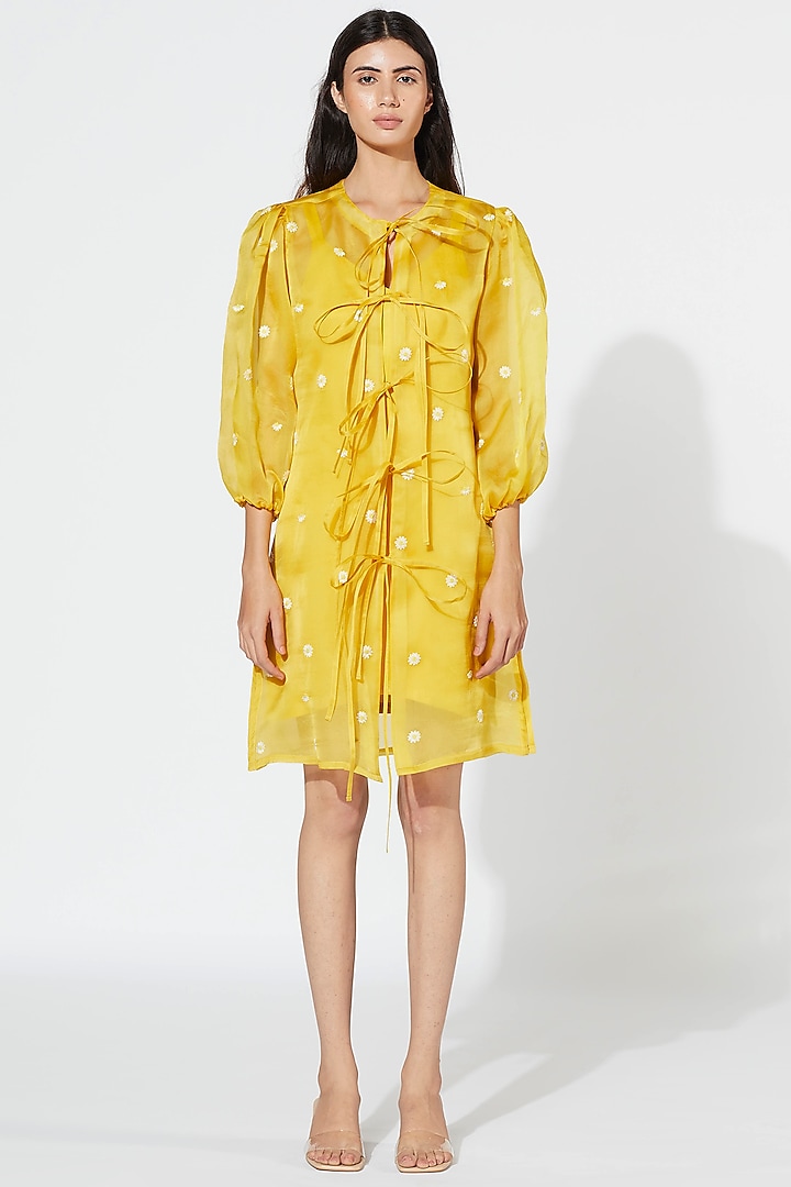 Yellow Embroidered Tie-Up Dress by Meadow