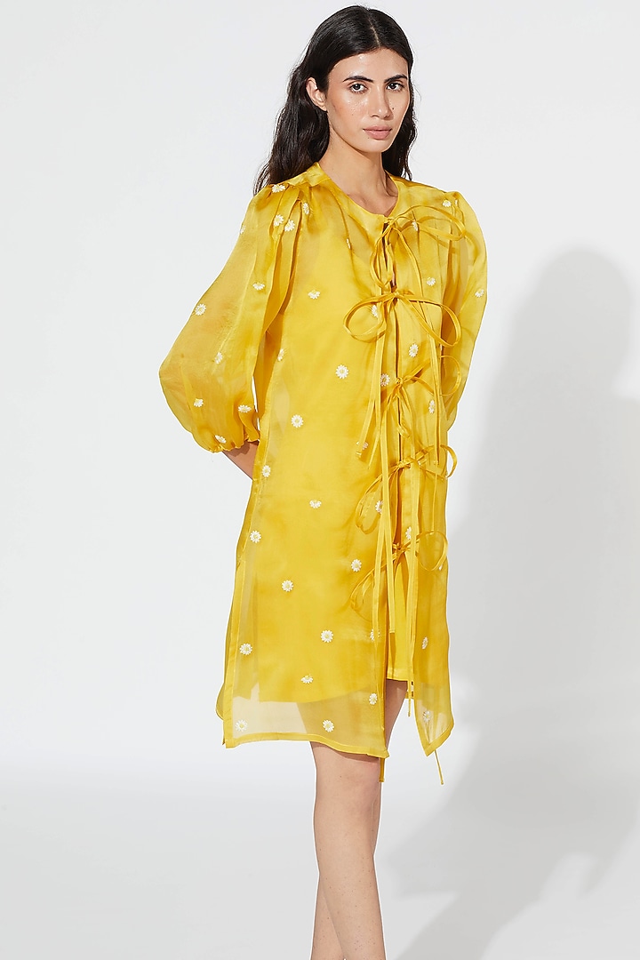 Yellow Embroidered Tie-Up Dress by Meadow at Pernia's Pop Up Shop
