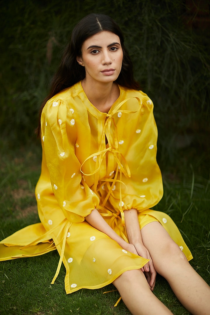 Yellow Embroidered Tie-Up Dress by Meadow at Pernia's Pop Up Shop