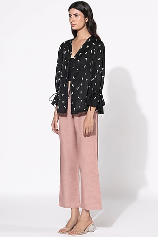 Black & Blush Pink Embroidered Jacket Set by Meadow
