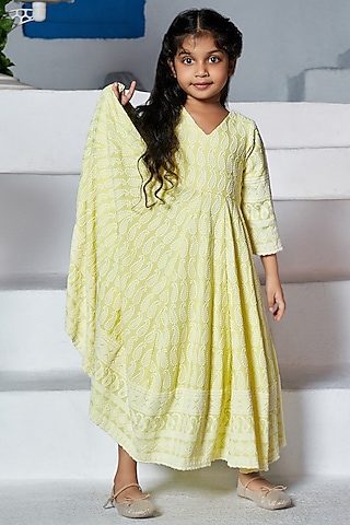 Sunshine Yellow Rayon Embroidered Anarkali For Girls by Mei & Zu