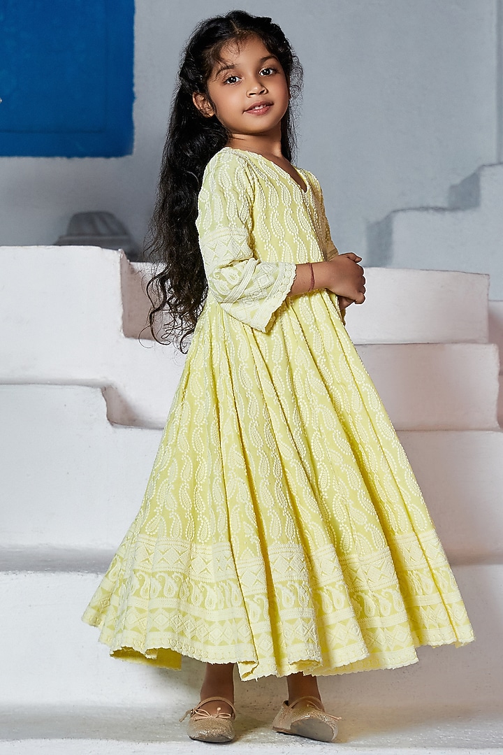 Sunshine Yellow Rayon Embroidered Anarkali For Girls by Mei & Zu at Pernia's Pop Up Shop