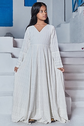 White Rayon Embroidered Anarkali For Girls by Mei & Zu