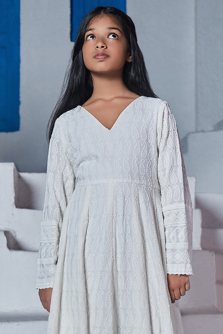 White Rayon Embroidered Anarkali For Girls by Mei & Zu at Pernia's Pop Up Shop