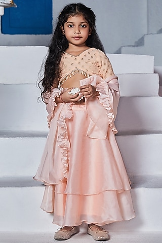 Peach Organza Layered Lehenga Set For Girls by Mei & Zu