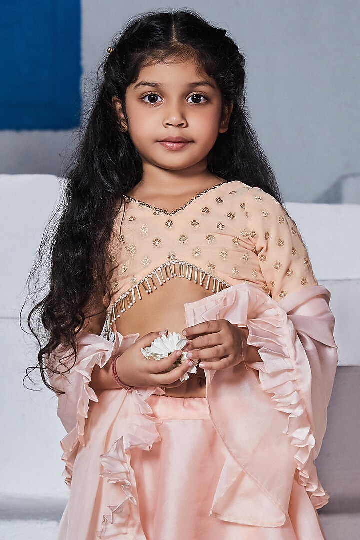 Peach Organza Layered Lehenga Set For Girls by Mei & Zu at Pernia's Pop Up Shop
