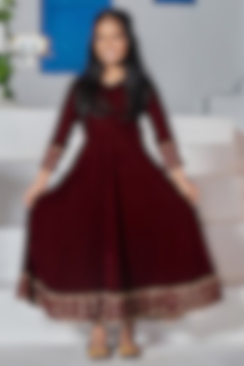 Maroon Velvet Anarkali Set For Girls by Mei & Zu at Pernia's Pop Up Shop