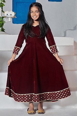 Maroon Velvet Anarkali Set For Girls by Mei & Zu