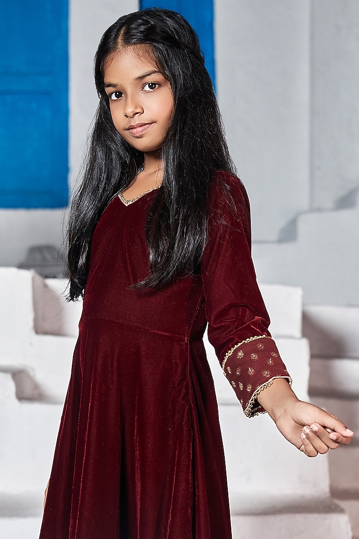 Maroon Velvet Anarkali Set For Girls by Mei & Zu at Pernia's Pop Up Shop