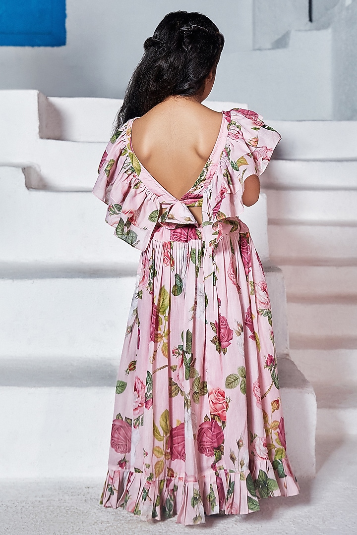 Pink Mulmul Floral Print Skirt Set For Girls by Mei & Zu at Pernia's Pop Up Shop
