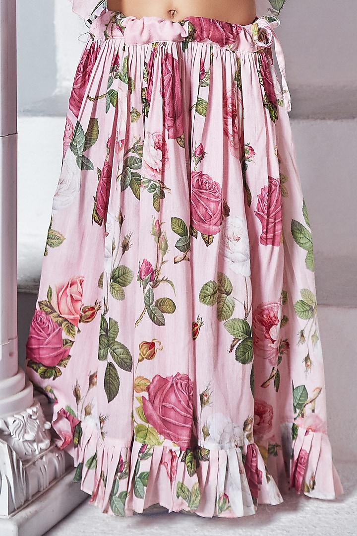 Pink Mulmul Floral Print Skirt Set For Girls by Mei & Zu at Pernia's Pop Up Shop