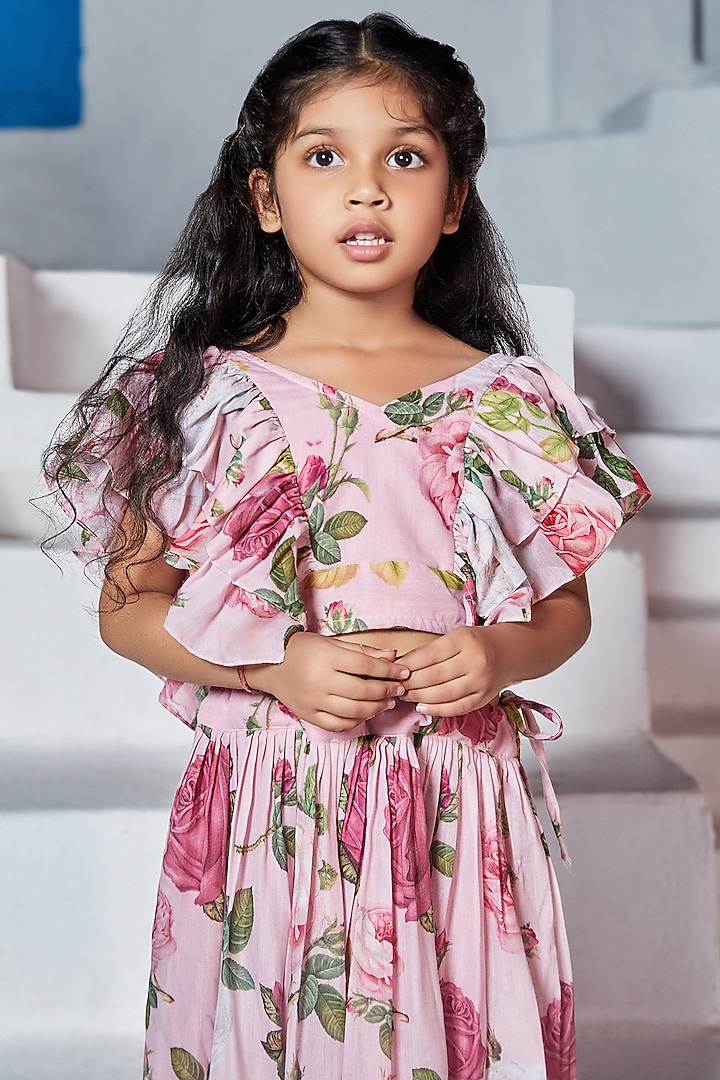 Pink Mulmul Floral Print Skirt Set For Girls by Mei & Zu at Pernia's Pop Up Shop