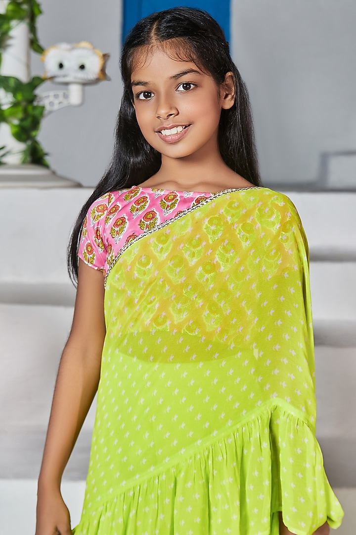 Green Georgette Sharara Saree Set For Girls by Mei & Zu at Pernia's Pop Up Shop