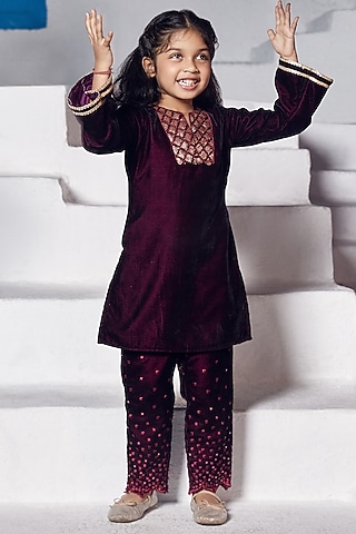 Scarlet Wine Velvet Embroidered Kurta Set For Girls by Mei & Zu