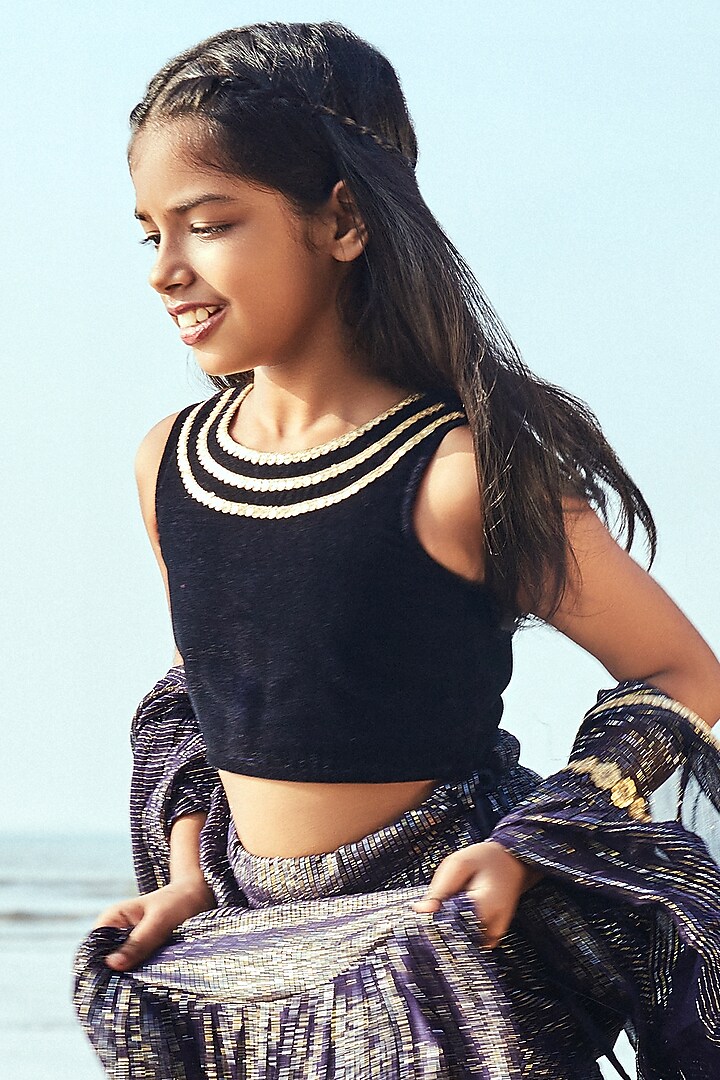Midnight Blue Georgette Lehenga Set For Girls by Mei & Zu at Pernia's Pop Up Shop