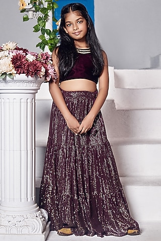 Scarlet Wine Georgette Lehenga Set For Girls by Mei & Zu
