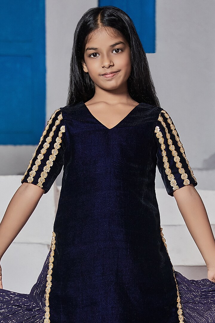 Midnight Blue Georgette Lehenga Set For Girls by Mei & Zu at Pernia's Pop Up Shop