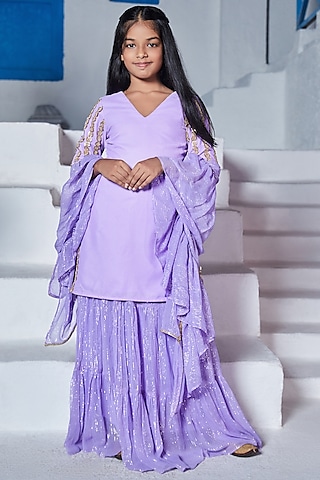 French Lavender Georgette Lehenga Set For Girls by Mei & Zu