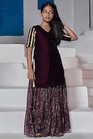 Wine Georgette Lehenga Set For Girls by Mei & Zu