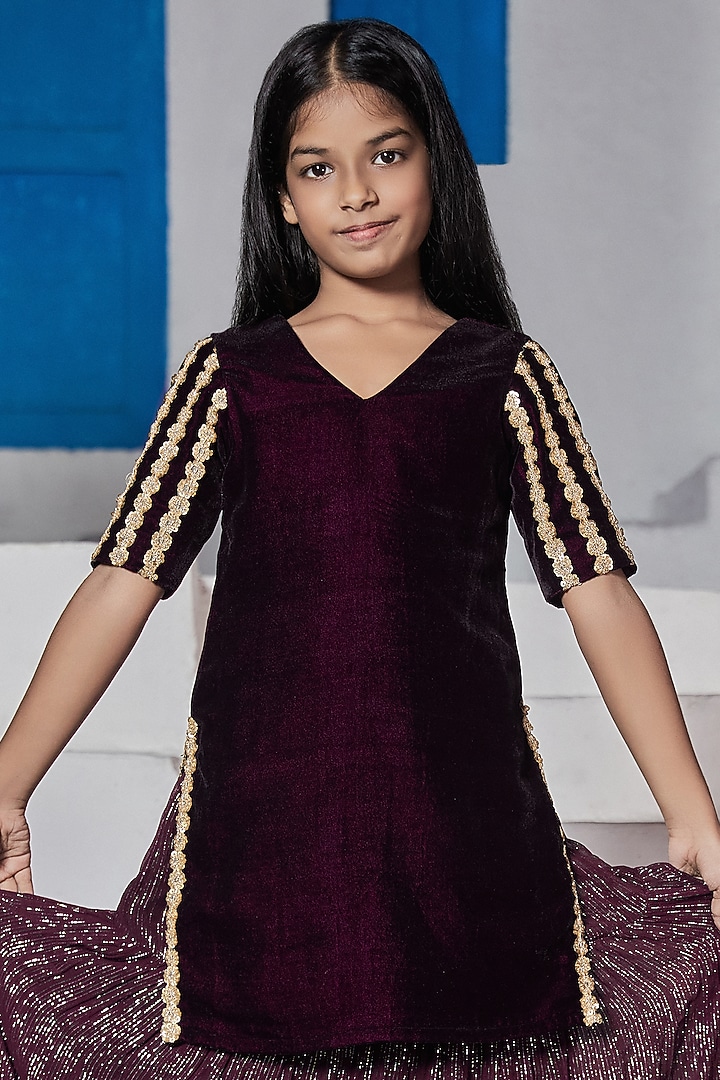 Wine Georgette Lehenga Set For Girls by Mei & Zu at Pernia's Pop Up Shop
