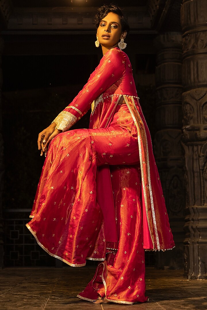 Rani Pink Banarasi Silk Tissue Blend Sharara Set For Girls by Mei & Zu at Pernia's Pop Up Shop