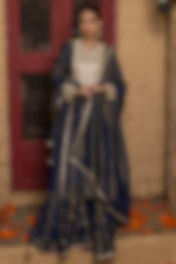 Blue Banarasi Silk Tissue Blend Sharara Set For Girls by Mei & Zu at Pernia's Pop Up Shop