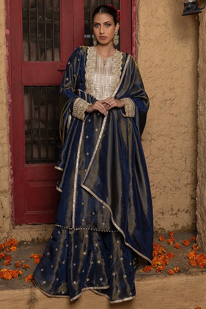 Blue Banarasi Silk Tissue Blend Sharara Set For Girls by Mei & Zu at Pernia's Pop Up Shop