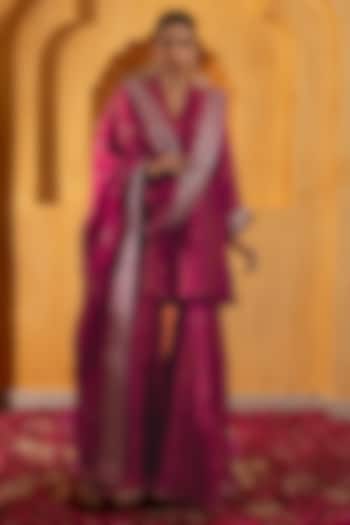 Rani Pink Banarasi Silk Tissue Blend Sharara Set For Girls by Mei & Zu at Pernia's Pop Up Shop