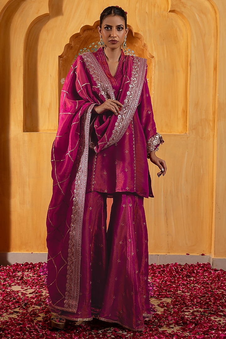 Rani Pink Banarasi Silk Tissue Blend Sharara Set For Girls by Mei & Zu at Pernia's Pop Up Shop