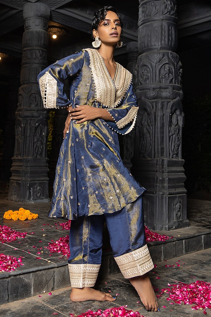 Blue Banarasi Silk Tissue Blend Embroidered Kurta Set For Girls by Mei & Zu at Pernia's Pop Up Shop
