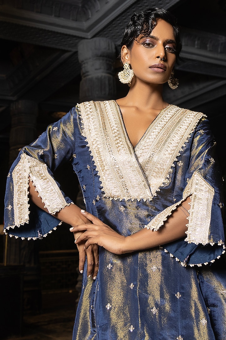 Blue Banarasi Silk Tissue Blend Embroidered Kurta Set For Girls by Mei & Zu at Pernia's Pop Up Shop