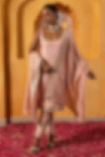 Blush Pink Banarasi Silk Tissue Blend Embroidered Kurta Set For Girls by Mei & Zu at Pernia's Pop Up Shop