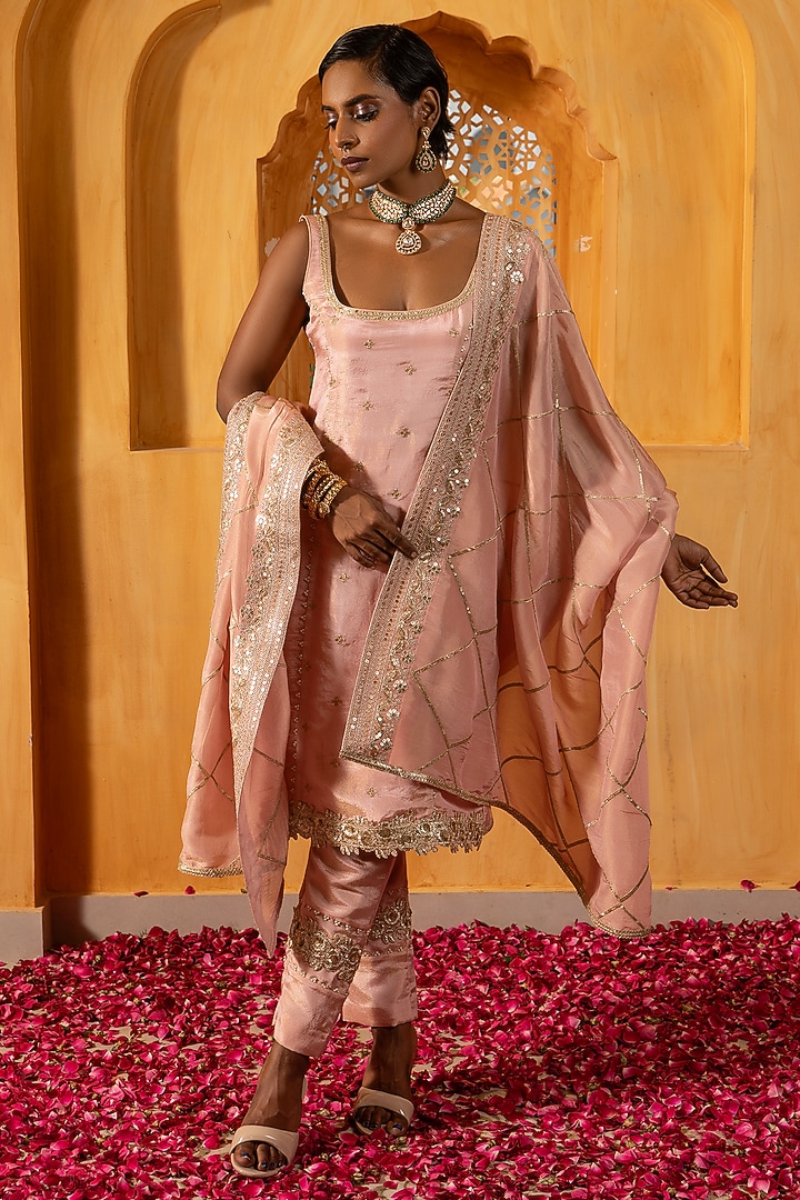 Blush Pink Banarasi Silk Tissue Blend Embroidered Kurta Set For Girls by Mei & Zu at Pernia's Pop Up Shop