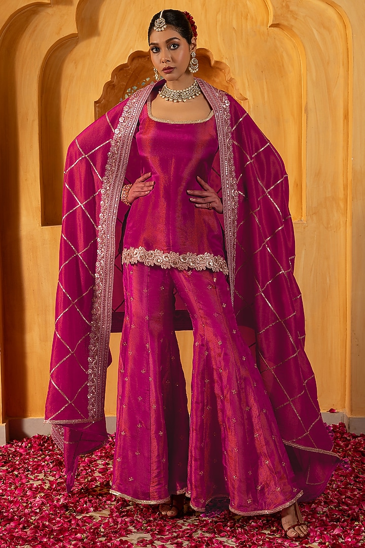Rani Pink Banarasi Silk Tissue Blend Flared Sharara Set For Girls by Mei & Zu at Pernia's Pop Up Shop