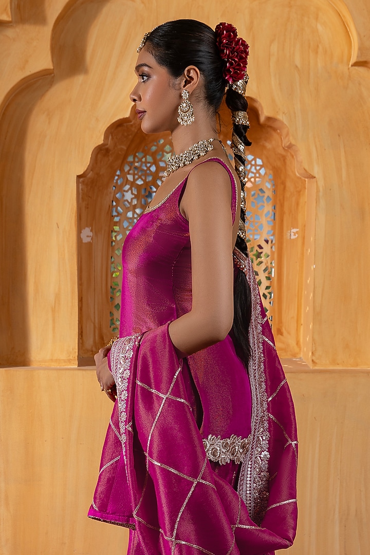 Rani Pink Banarasi Silk Tissue Blend Flared Sharara Set For Girls by Mei & Zu at Pernia's Pop Up Shop