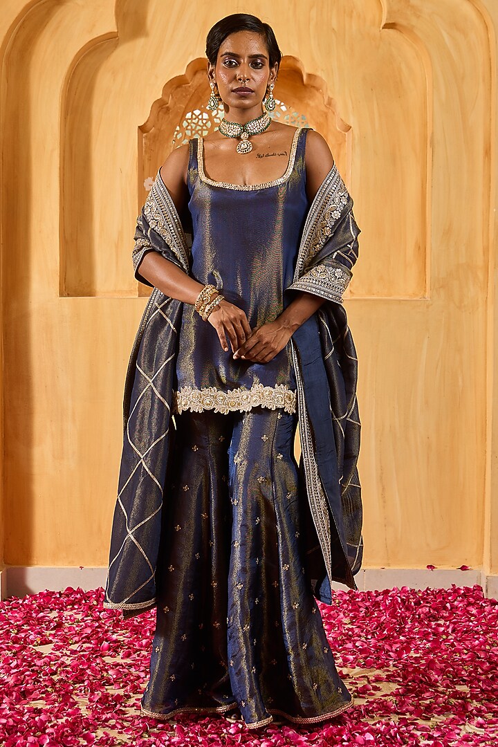 Blue Banarasi Silk Tissue Blend Sharara Set For Girls by Mei & Zu at Pernia's Pop Up Shop