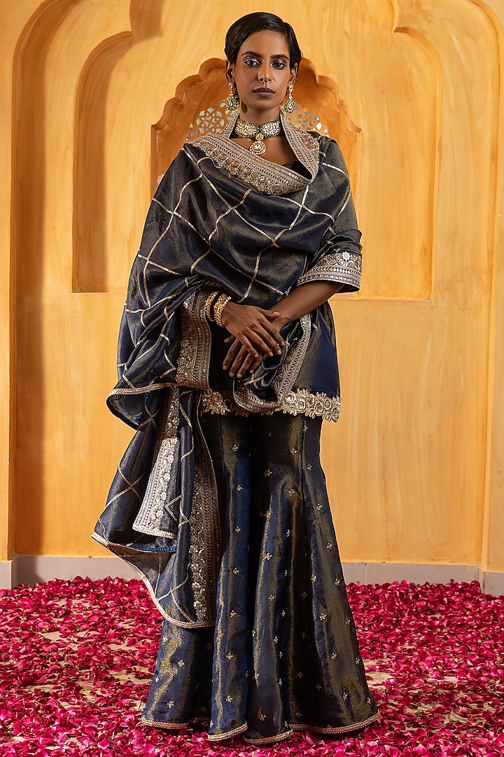 Blue Banarasi Silk Tissue Blend Sharara Set For Girls by Mei & Zu at Pernia's Pop Up Shop