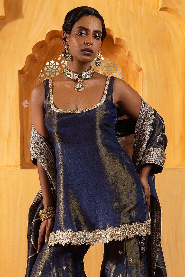 Blue Banarasi Silk Tissue Blend Sharara Set For Girls by Mei & Zu at Pernia's Pop Up Shop