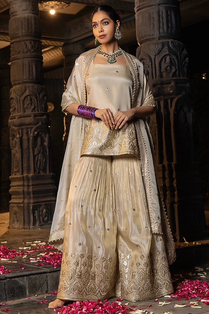 Gold Banarasi Silk Tissue Blend Gota Work Sharara Set For Girls by Mei & Zu at Pernia's Pop Up Shop